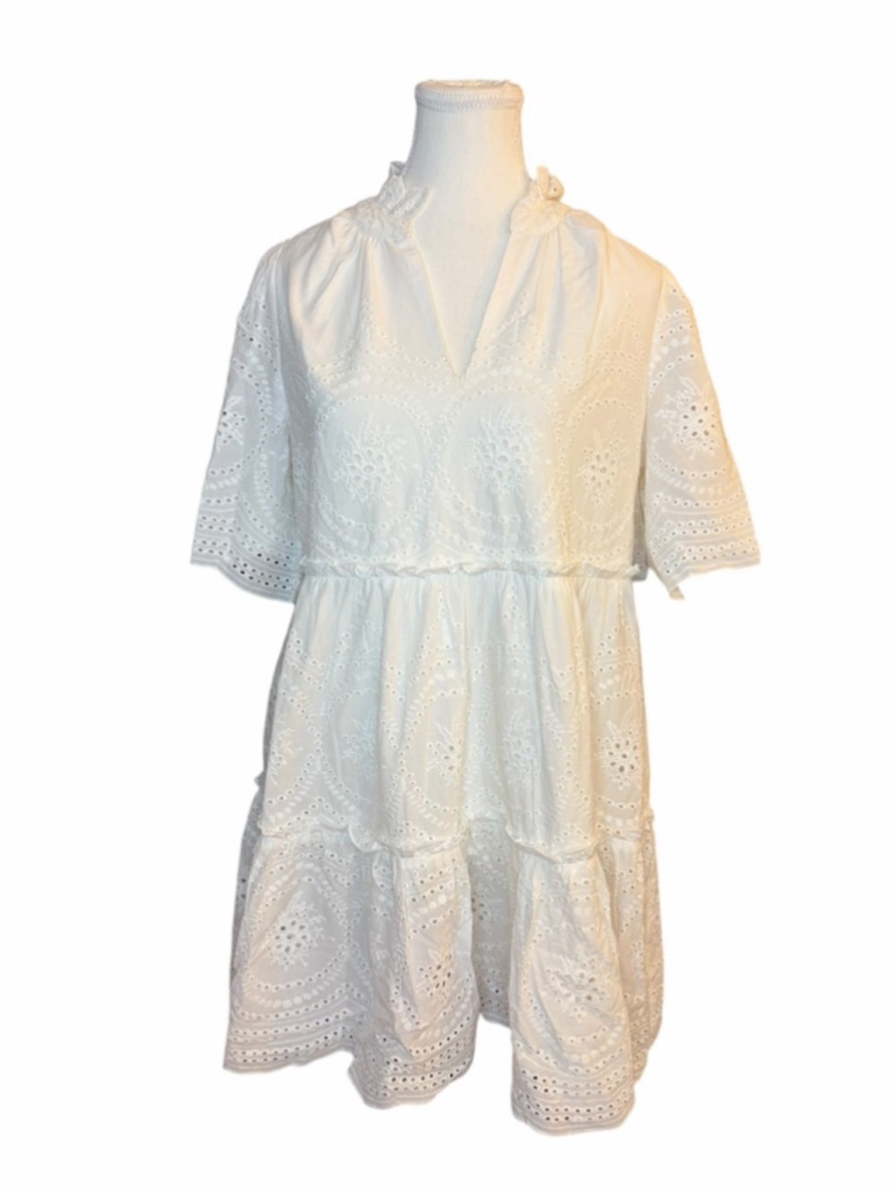 Tuckernuck White Eyelet Crawford Dress Cotton Tiered Mini XS - Picture 2 of 9